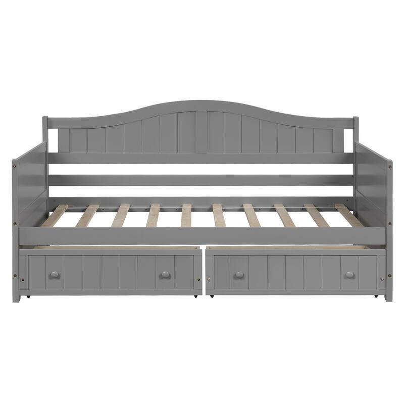 Classic Twin Size Daybed Storage Platform Bed with 2 Drawers, Armrest and Arched Backrest, Sofa Bed for Bedroom Living Room