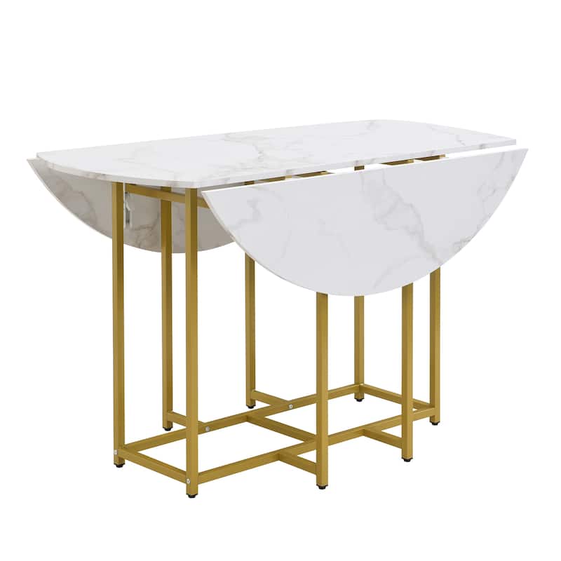 Roomfitters Space-Saving 5-Piece Extendable Dining Table Set with Round Faux Marble Top, 4 Upholstered Chairs
