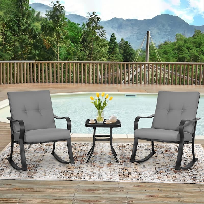 Solaura 3-piece Outdoor Patio Rocking Chairs Conversation Bistro Set - Grey