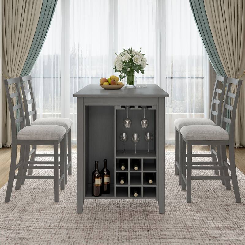 Rustic 5-Piece Counter Height Dining Table Set with 4 Chairs & Storage