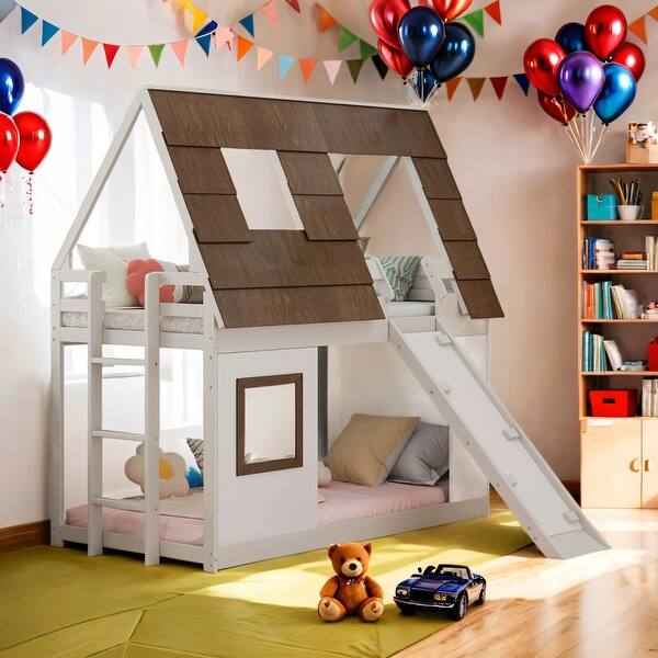 slide 2 of 16, Twin Size House Bunk Bed with Window Roof and Ladder and Climbing Ramp Brown+White