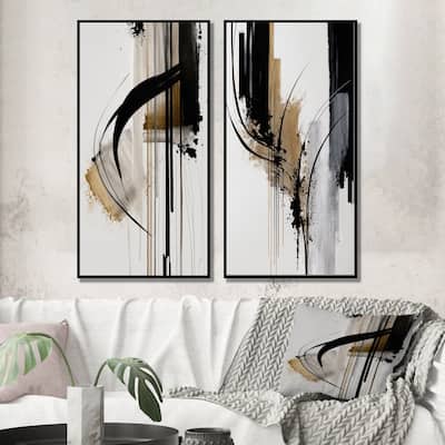 Designart "Black, White And Gold Expression I" Abstract Framed Canvas Set Of 2 For Living Room Decor
