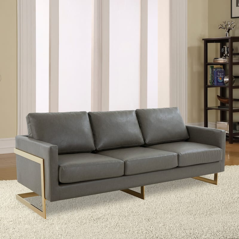 LeisureMod Lincoln Modern Upholstered Leather Sofa with Gold Frame - 83"