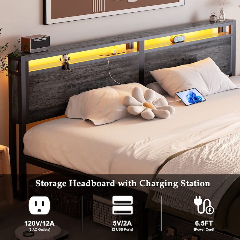 Platform Bed with Storage Headboard, Bed Frame with Charge Station and LED Light