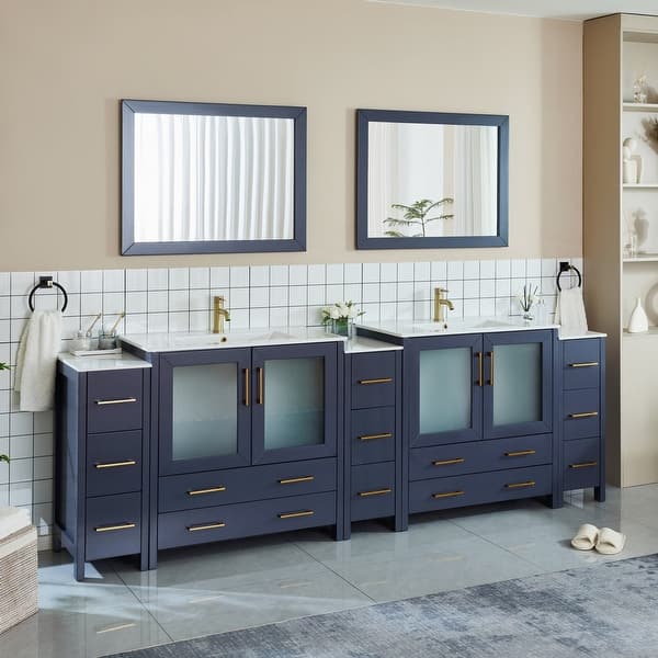 dove linen vanity dresser Disar 102'' Double Bathroom Vanity With Tall Linen Cabinet Dovetail Solid Wood Drawer Base Only White