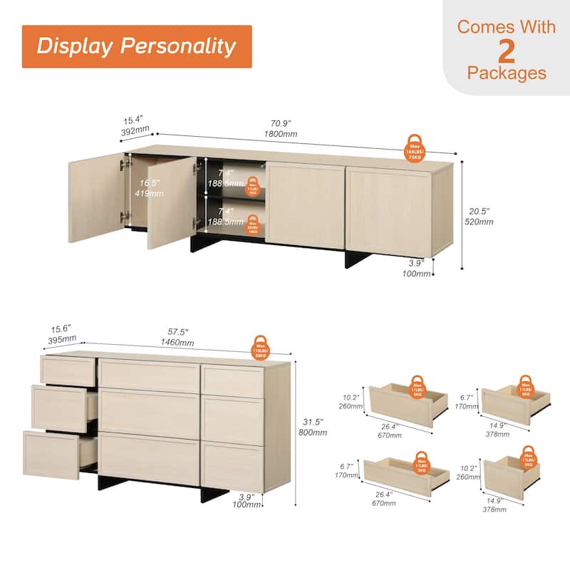 WAMPAT Modern TV Stand and 9-drawer Storage Cabinet Set of 2 for Living Room - TV Stand+dresser