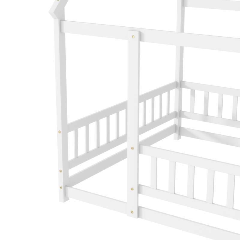 Full Size Wooden House Floor Bed with Roof Frame and Safety Guardrails, White