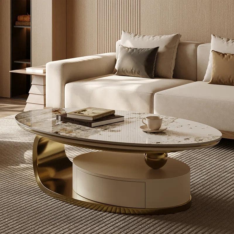 51.18” Thick Burnished Stone Coffee Table with Drawers and Gold Stainless Steel Base - 7'6" x 10'9"