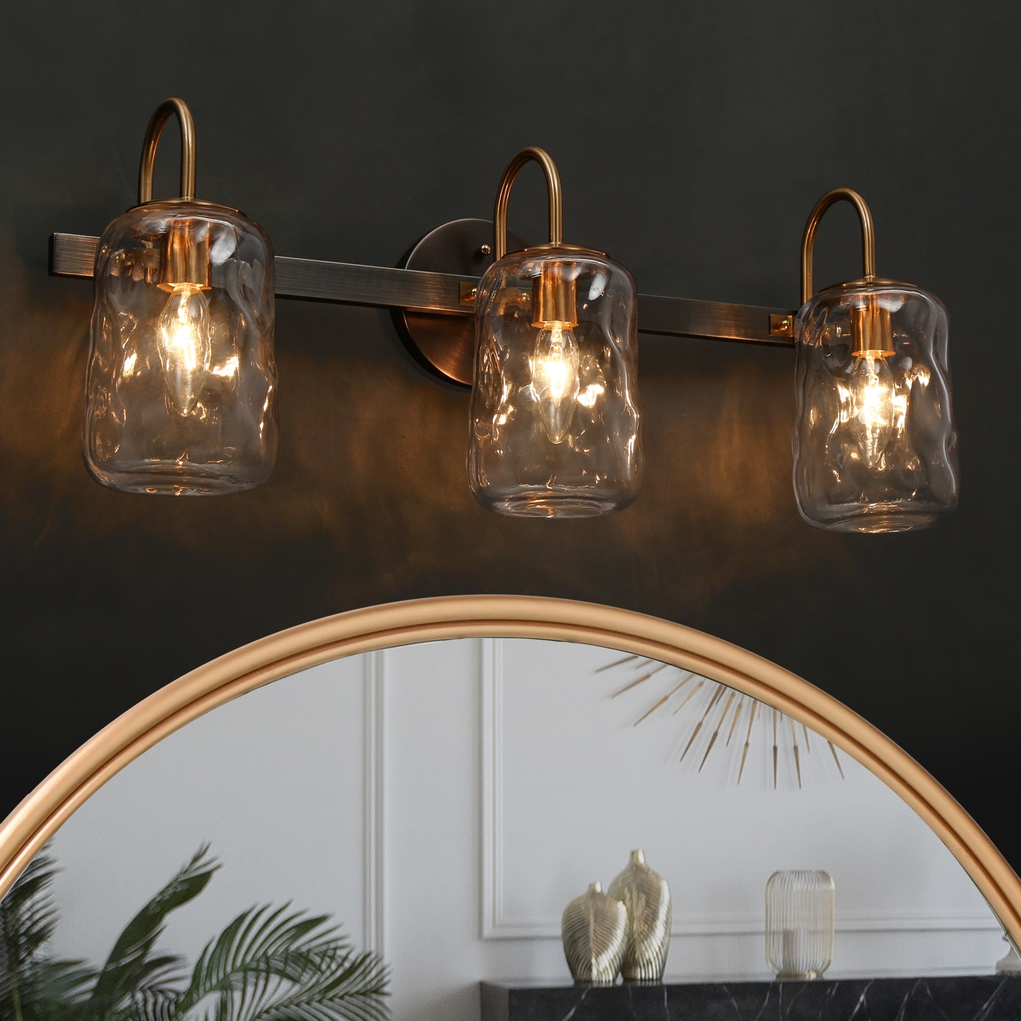 LALUZ Modern 3-Light Black Gold Bathroom Vanity Light Hand-blown Glass Wall Sconce - L24"*W9.8"* H7.5"
