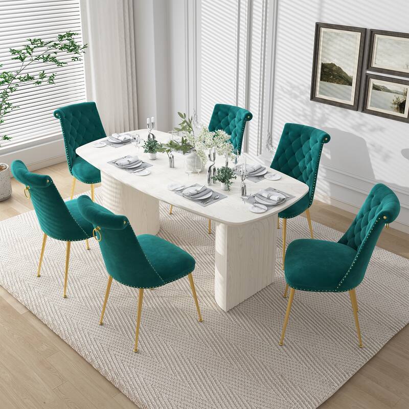7-Piece Clihome Modern Wood Table Velvet Chair Dining Set - Green