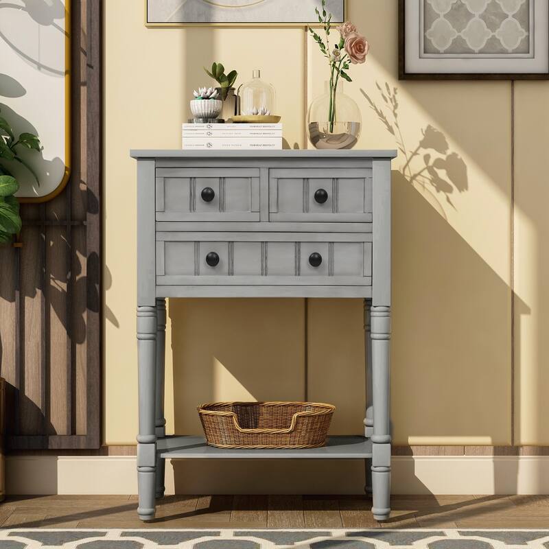 Narrow Console Table, Slim Sofa Table with Three Storage Drawers and Bottom Shelf - Gray Wash