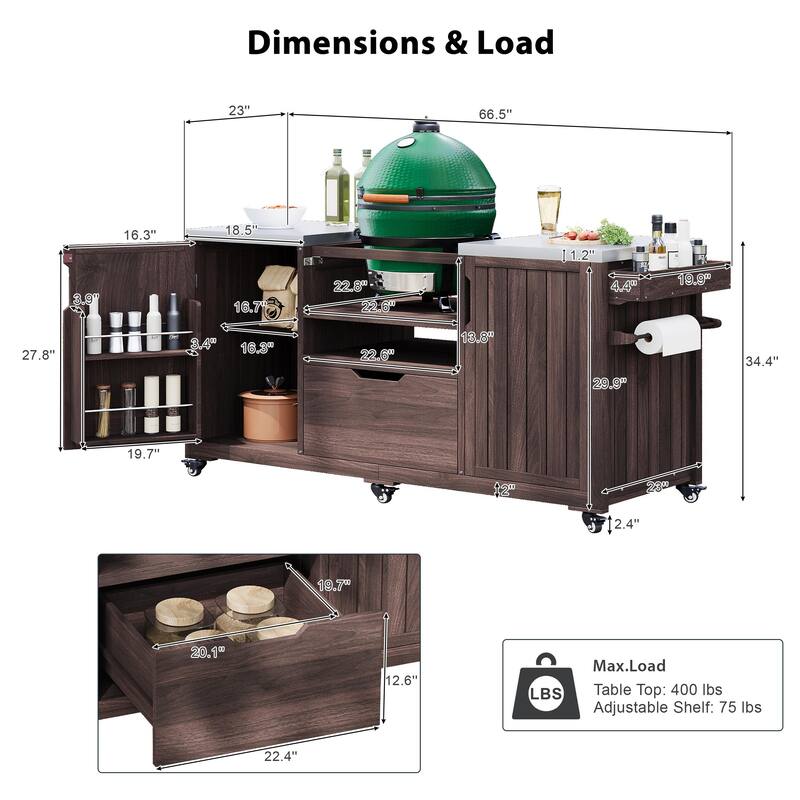 Outdoor Kitchen Island Grill Cart for Big Green Egg Grills with Stainless Steel Top and Storage Racks