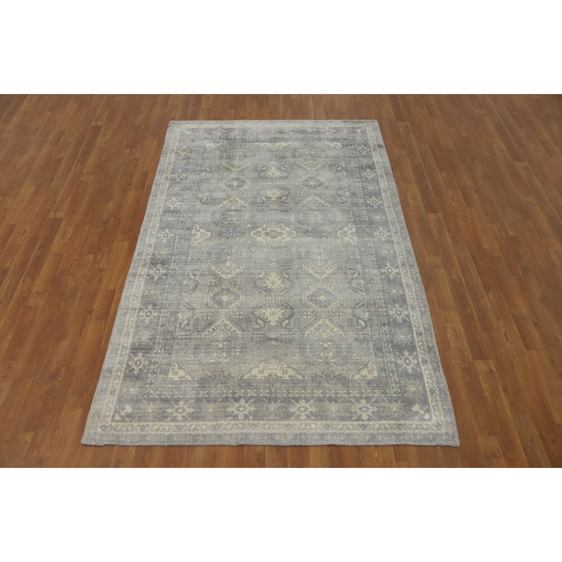 Hand-knotted Transitional Silk Carpet Grey Oushak Rug Geometric Oriental Area Rug - 7' 10'' X 4' 10''