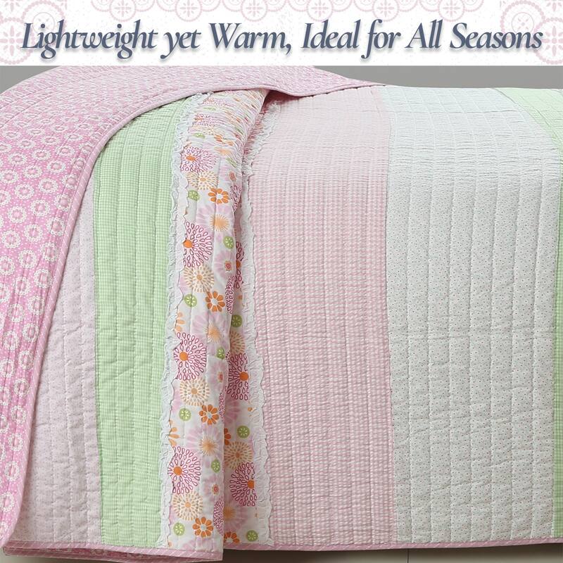 Cozy Line Pink Floral Whimsy Gingham Stripe Cotton Quilt Bedding Set
