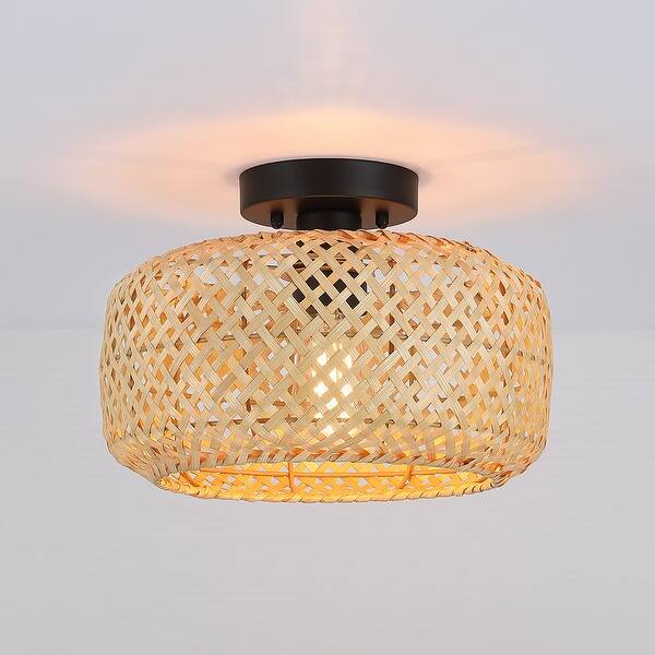 slide 2 of 10, 1-Light Bohemian Bamboo Semi-Flush Mount Ceiling Light - D12"x H8.1" - 12'' W 12'' W