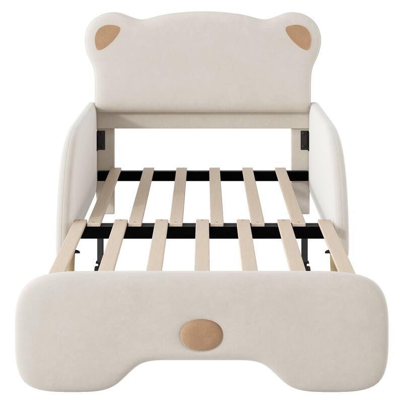Twin XL Upholstered Sofa Bed with Bear Shaped Headboard, Adjustable & Stretchable Design, Beige Flannel