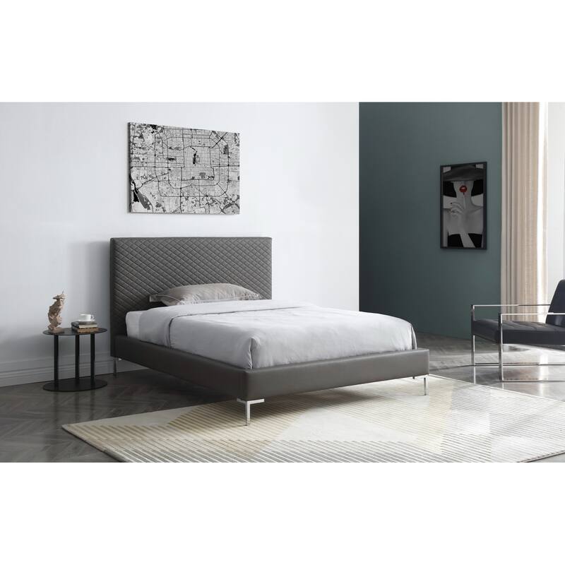 Elegant Full Bed - Dark Gray Upholstered Platform Bed with Chrome Legs - Modern Bedroom Furniture