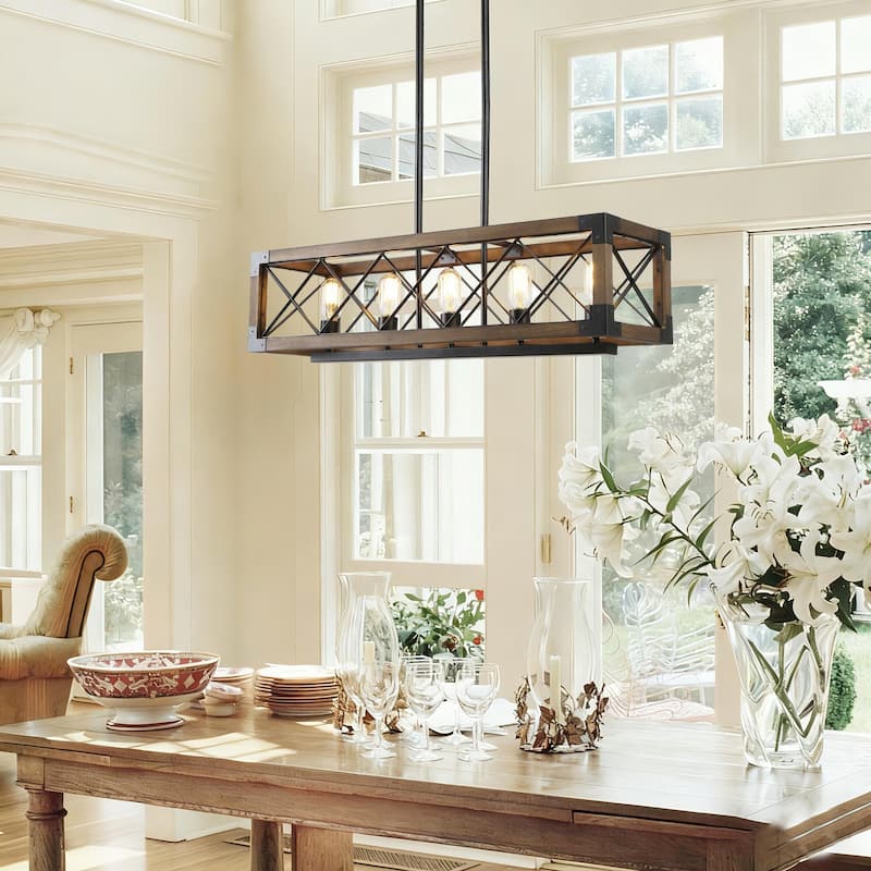 Farmhouse 5-Light Rectangle Wood Chandelier Rustic Island Lights for Dining Kitchen Island - L31.5" x W10" x H10" - 5-Light