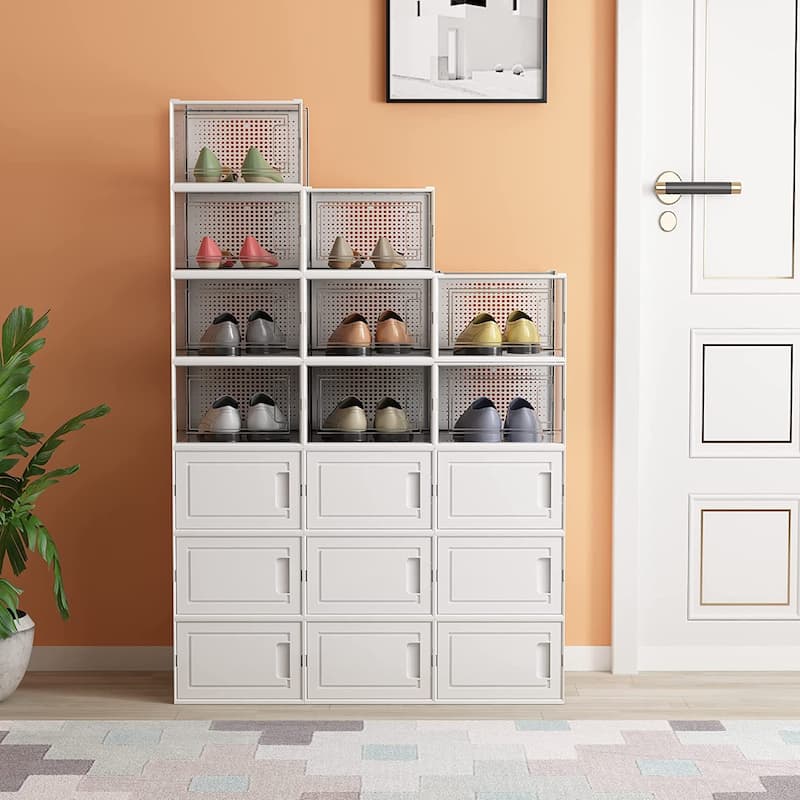 18 Pack Plastic Shoe Box,Stackable Shoe Storage Organizer Bins with Lids - Clear$White
