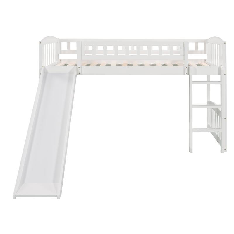 Twin Size Loft Bed w/ Slide, Ladder, Safety Guard Rails for Kids,Teens, White Bed Bath