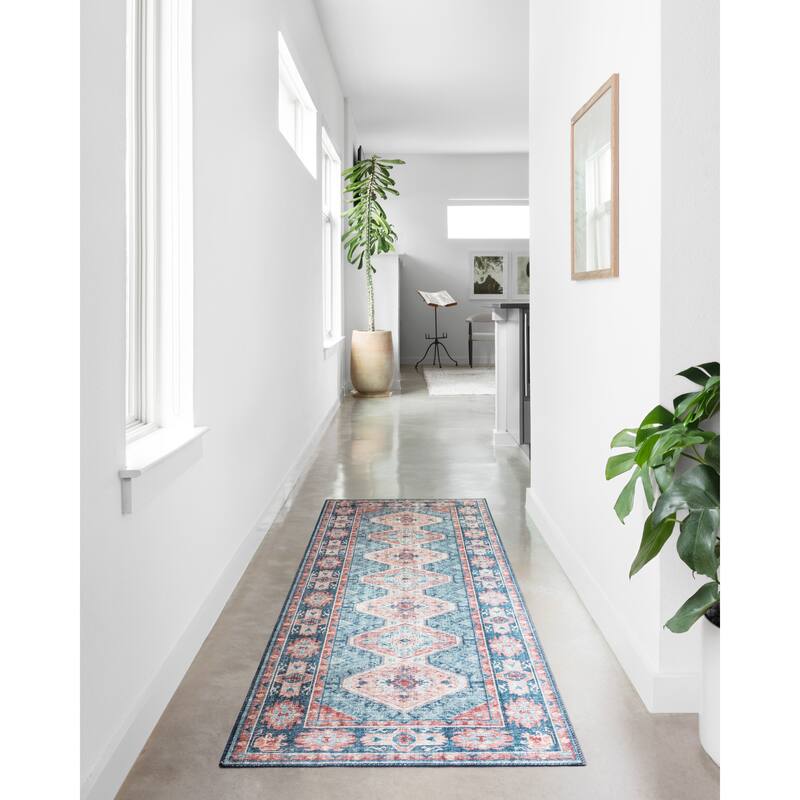 Alexander Home Leanne Boho Distressed Persian Printed Area Rug - 2' 6" x 7' 6" - Turquoise / Terracotta - Runner