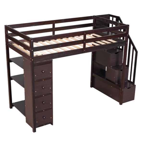 slide 2 of 42, Twin Size Wood Loft Bed with Storage Drawers,Storage Stair and Desk Under-Bed Espresso