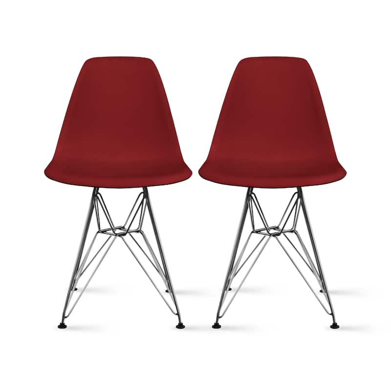 Set of 2 Modern Colorful DSW-Style Armless Dining Chairs – UV‑Resistant Molded Plastic Shells on Chrome Eiffel Legs for Kitchen - Maroon
