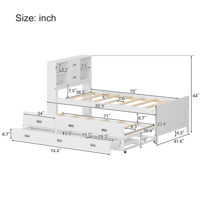 Full/Twin Size Captain Bed with Storage Bookcase Headboard,Captain bed with Trundle and Three Storage Drawer