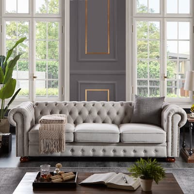 Living Room Chesterfield Sofa Classic Tufted Design Linen Couch