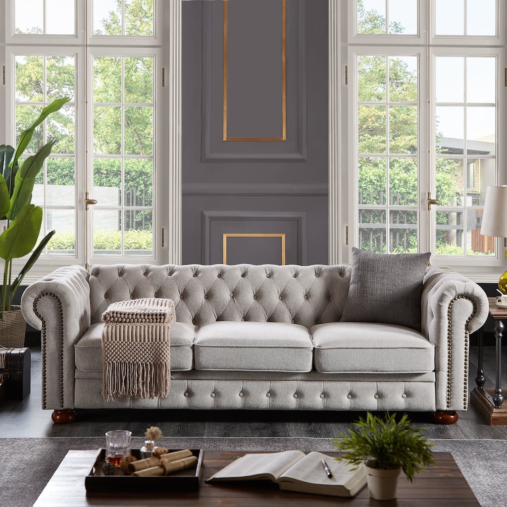 Living Room Chesterfield Sofa Classic Tufted Design Linen Couch