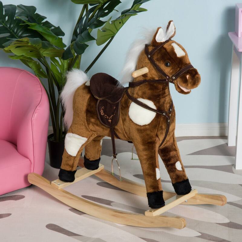 Kids Plush Rocking Horse with Authentic Neigh Sounds, Saddle, and Stirrup for 3-8 Years Old - Comfortable Velvet Fabric