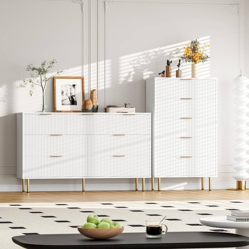 6 Drawer Fluted Dresser for Bedroom, Modern Wooden Storage Chest with Gold Handles