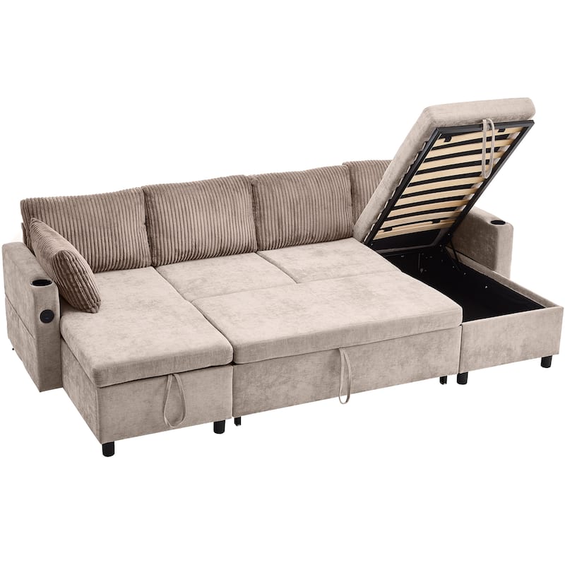 111.8" Chenille Sectional Sleeper Sofa U-Shaped Convertible Sofa Bed with Storage Chaise and USB Ports