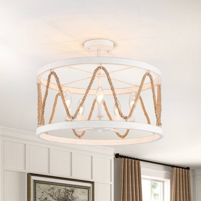 19.68 in. 5-Light Metal Hemp Rope Candlestick Semi-Flush Mount Light Ceiling Light for Kitchen Island