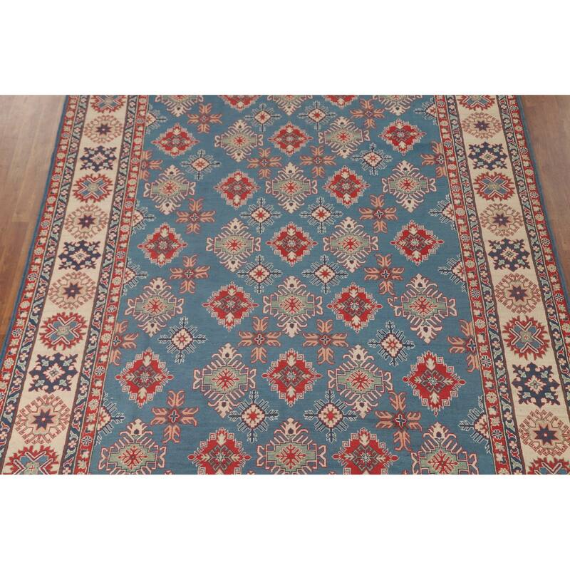 Blue Geometric Kazak Area Rug Handmade Traditional Wool Carpet - 8'2" x 11'6"