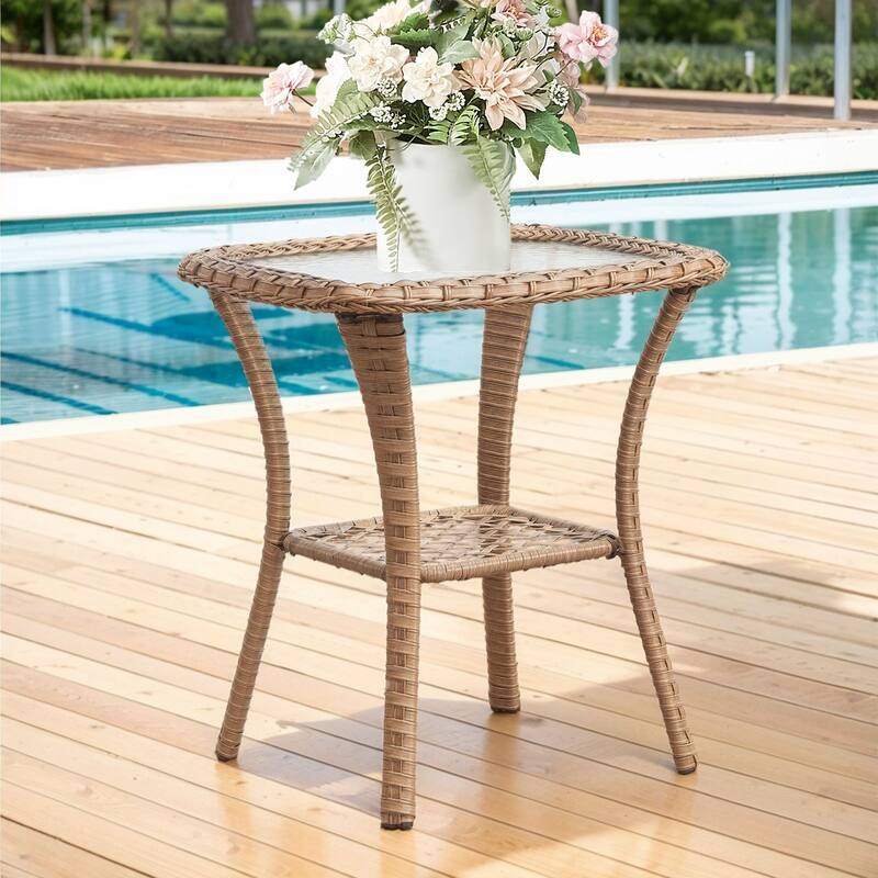 Stylish Outdoor Wicker side Table with Glass Top - Side Table - Yellow