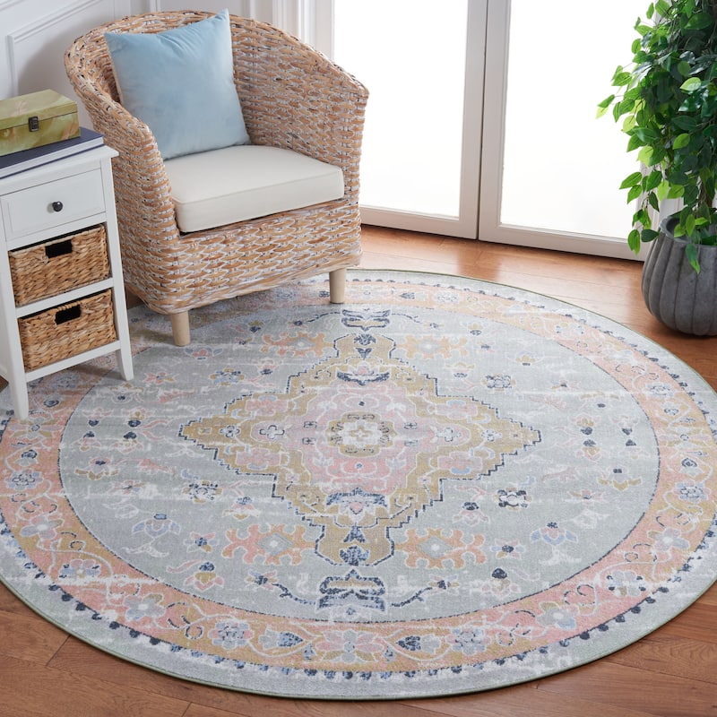 SAFAVIEH Bayside Machine Washable Sabatina Shabby Chic Rug - 6'7" Round - Sage/Gold