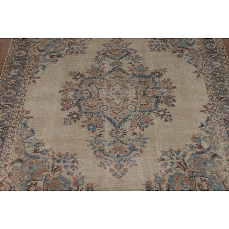 Floral Beige Tabriz Persian Area Rug Handmade Wool Carpet - 8'1"x 10'7"