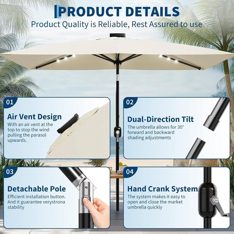 10' x 6.5' Solar Patio Umbrella with Crank and Push Button Tilt for Garden, Deck, Lawn, Pool with Lights (No Base)