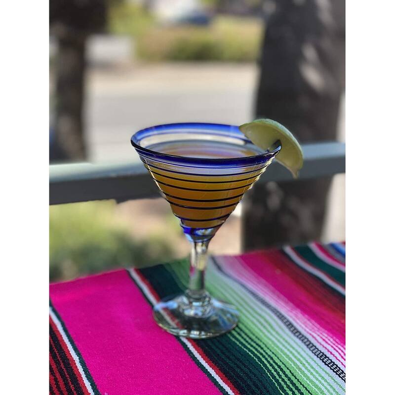 Dos Suenos Mexican Hand Blown Glass - Set of 4 Hand Blown Modern Margarita Glasses - Blue Spiral (12 oz)