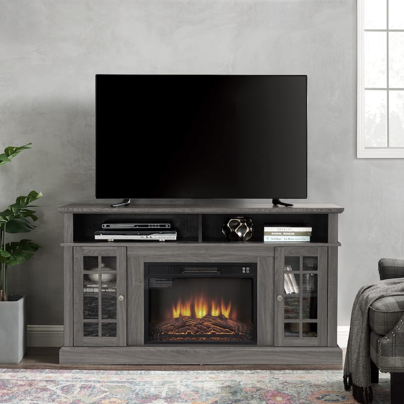GDFStudio Caelum 58" Wood TV Stand with Classic Storage and 23" Fireplace Insert
