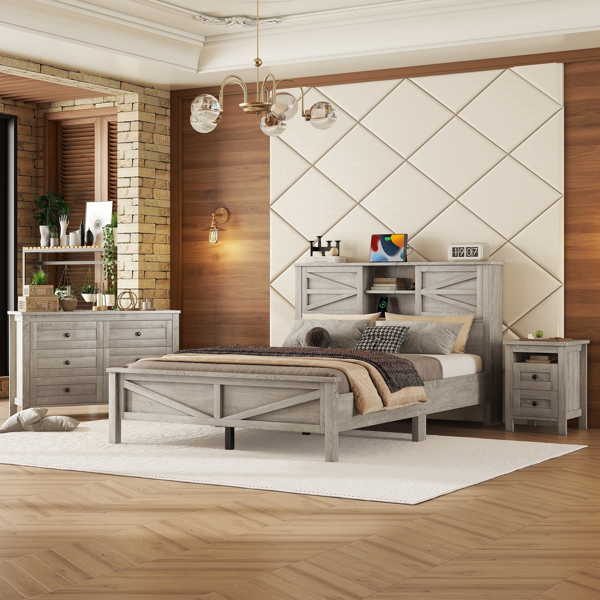 3-Pieces Bedroom Sets Queen Size Farmhouse Platform Bed Storage Headboard and Charging Station,Storage Nightstand and Dresser,