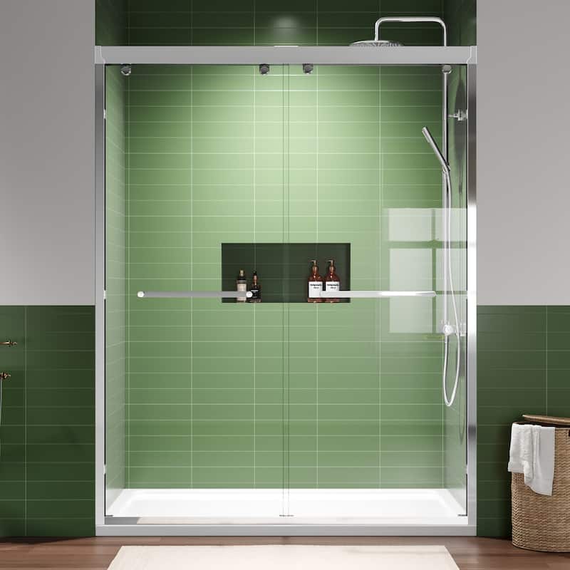 Modern 60 Inch Double Sliding Shower Door, ANSI Certified Glass, Adjustable Width, Stainless Steel Rollers