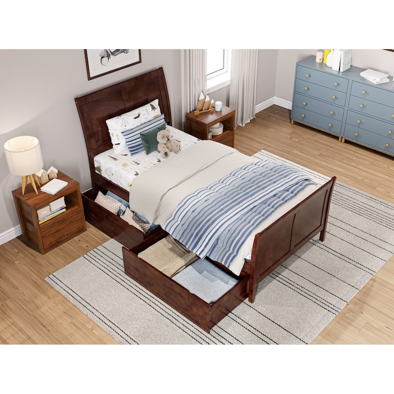 AFI Portland Twin Size Platform Bed with Matching Footboard & Storage Drawers in Walnut