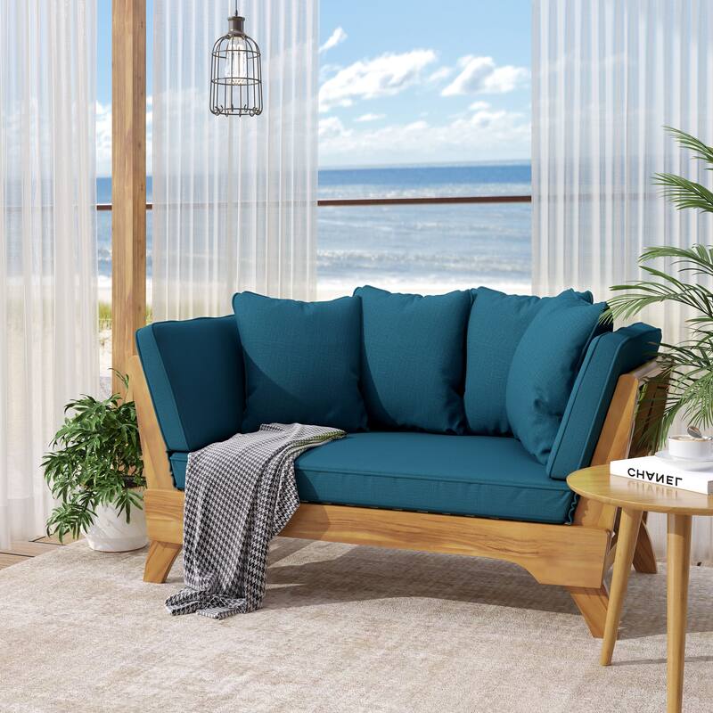 Expandable Daybed with Cushions, Outdoor Couch Acacia Wood Patio Couch with Adjustable Armrests