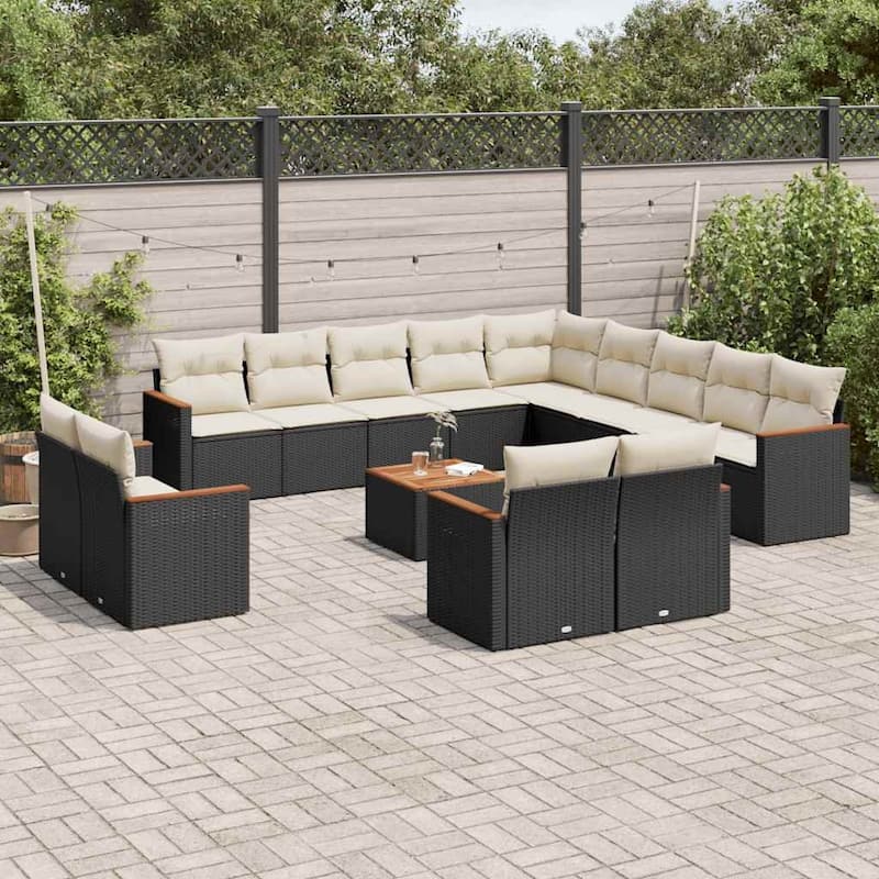vidaXL Patio Sofa Set with Cushions Outdoor Conversation Furniture Poly Rattan - Black and cream with table - 21.7 x 21.7 x 14.6 in