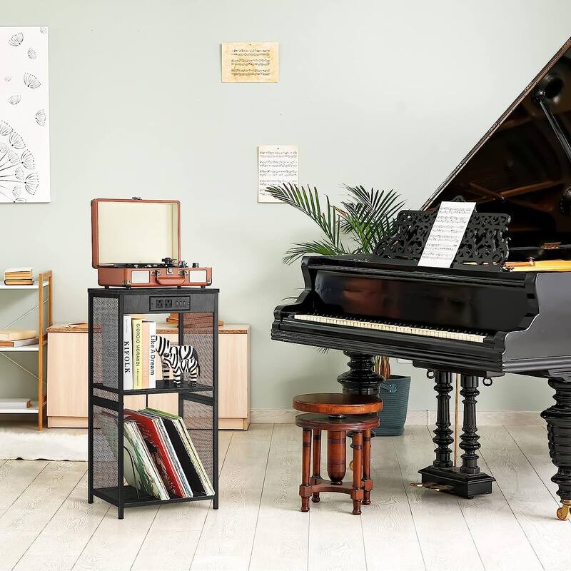 Vinyl Record Storage Table with Album Storage Power Outlet - Black