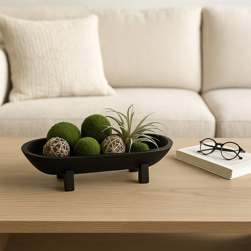 Handcrafted Wooden Oval Footed Accent Bowl for Home Decor-16" - 15.5" - Black