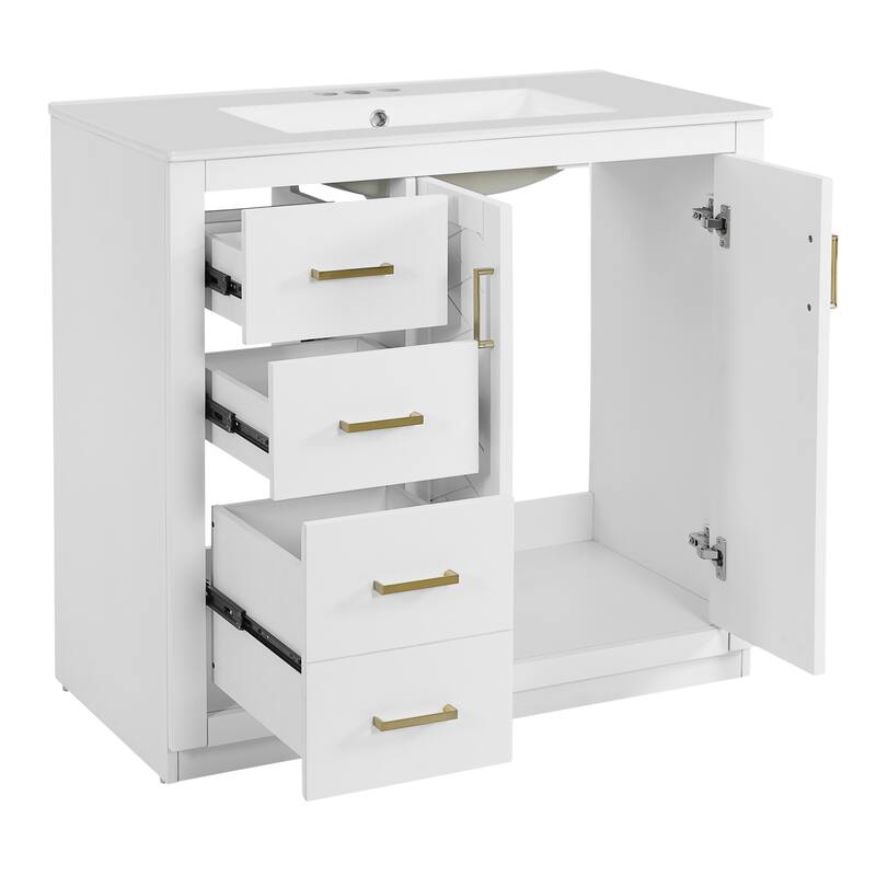 36'' Bathroom Vanity with Ceramic Sink Combo, Solid Wood Frame Bathroom Storage Cabinet with 3 Drawers& Soft Closing Doors