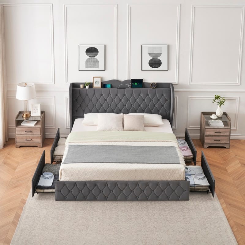 Bed Frame with Sturdy Metal Slats Support